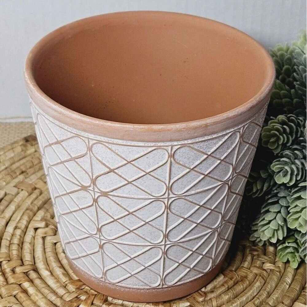Small Terracotta Planter Raised Pattern With Brushed White 5 Inches Bohemian Pot
